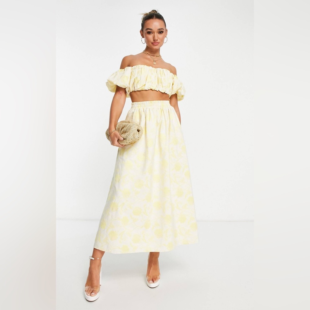 ASOS EDITION off shoulder crop top and midi skirt set in yellow - size 2